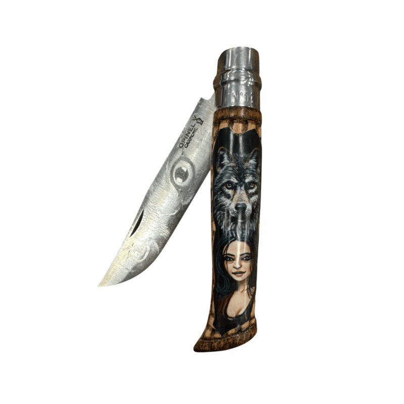 COLTELLO - OPINEL -  N.12 CARBONE REALIZZATO A MANO CON LUPO E DONNA - immagine 4